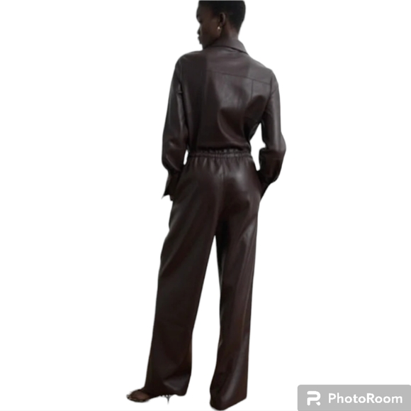 REBECCA TAYLOR VEGAN LEATHER WIDE LEG PANTS W/DRAWSTRING WAIST, DATE BROWN S - Picture 7 of 15